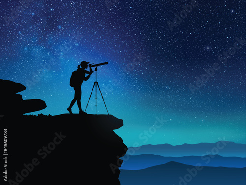 Astronomer at work. Woman and telescope on rock. Milky Way, starry sky