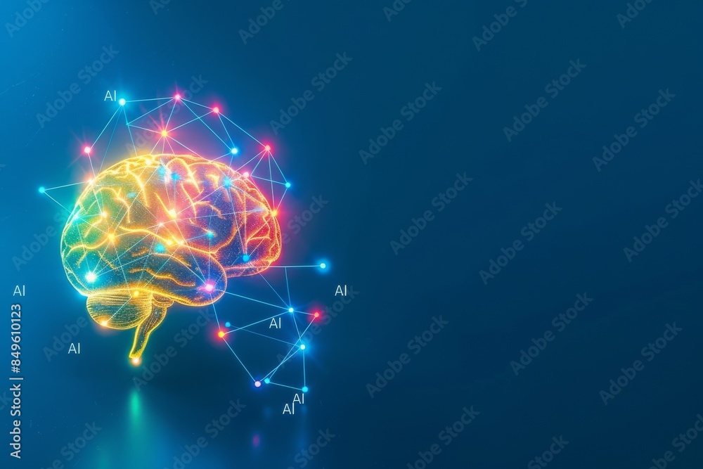 Digital illustration of a vibrant brain with AI connections, representing artificial intelligence, neural networks, and cognitive computing in a futuristic design. Digital illustration of a vibrant brain with AI connections, representing artificial intelligence, neural networks, and cognitive computing in a futuristic design.