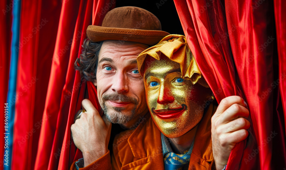 Obraz premium Comedic Theater Actors Posing with Golden Mask Behind Red Curtain in Vibrant Stage Setting Evening Concept
