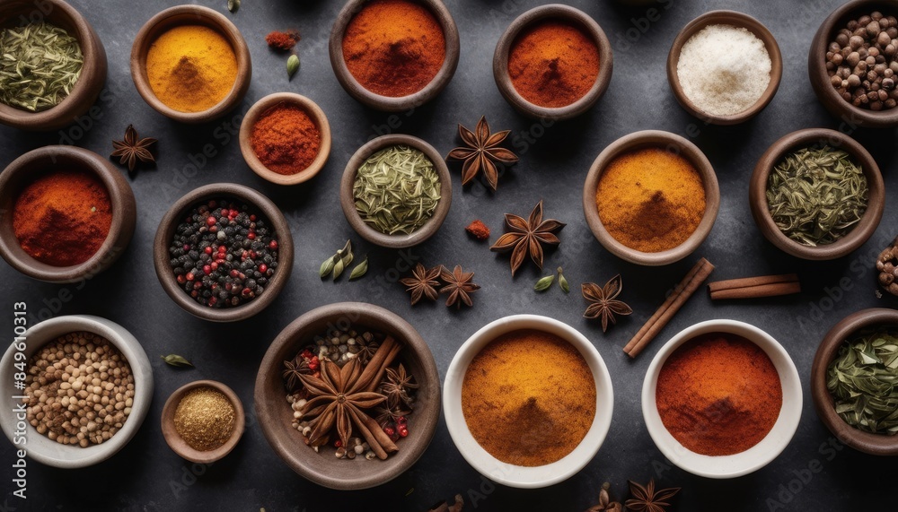 An artistic arrangement of diverse spices in wooden bowls, including turmeric, paprika, and star anise, set on a dark backdrop, emphasizing the richness and variety of global flavors An artistic arrangement of diverse spices in wooden bowls, including turmeric, paprika, and star anise, set on a dark backdrop, emphasizing the richness and variety of global flavors