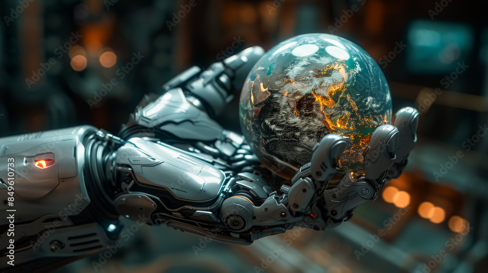 Fototapeta premium A robot is holding a glowing ball that is shaped like the Earth. The robot's hand is surrounded by a bright orange glow, giving the impression of a fiery, otherworldly atmosphere