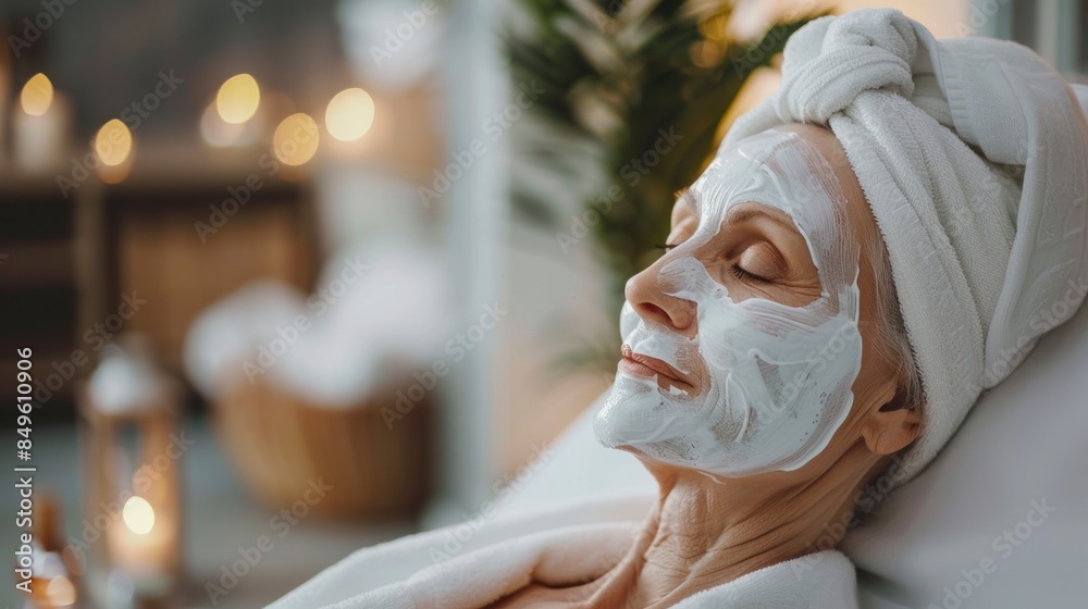 beautiful senior woman in a spa having her face with white cream with blur background beautiful senior woman in a spa having her face with white cream with blur background
