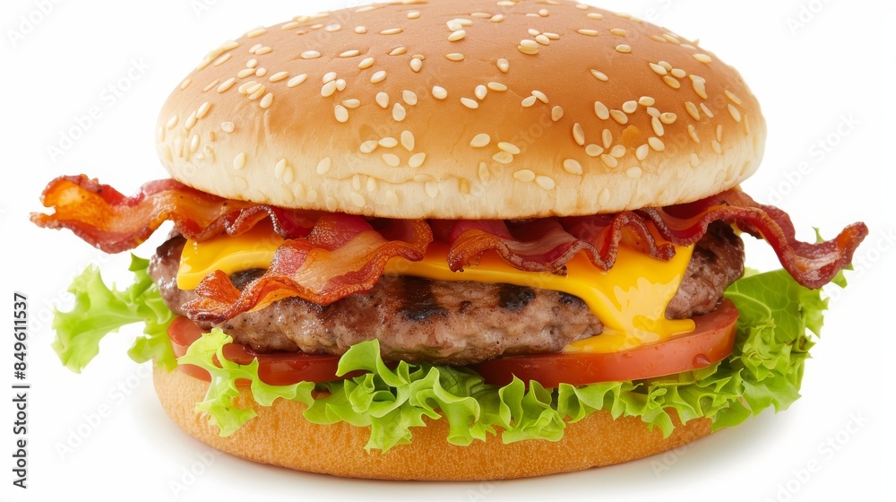 A photo of an American style cheeseburger with lettuce, tomato, and bacon on the side. The golden brown bun has small white seeds in it. Melted cheddar is against each patty, with crisp lettuce A photo of an American style cheeseburger with lettuce, tomato, and bacon on the side. The golden brown bun has small white seeds in it. Melted cheddar is against each patty, with crisp lettuce