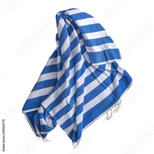 Blue beach towel with white stripes on solid white background, single object
 photo