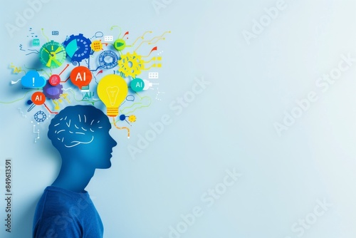 Creative illustration of a brain with colorful AI elements, representing artificial intelligence, cognitive computing, and innovative technology in a conceptual design. photo