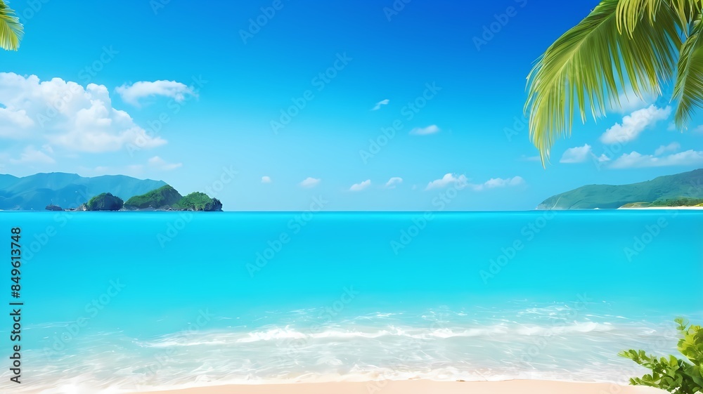 background of sea and beach landscape with palm trees and a small boat