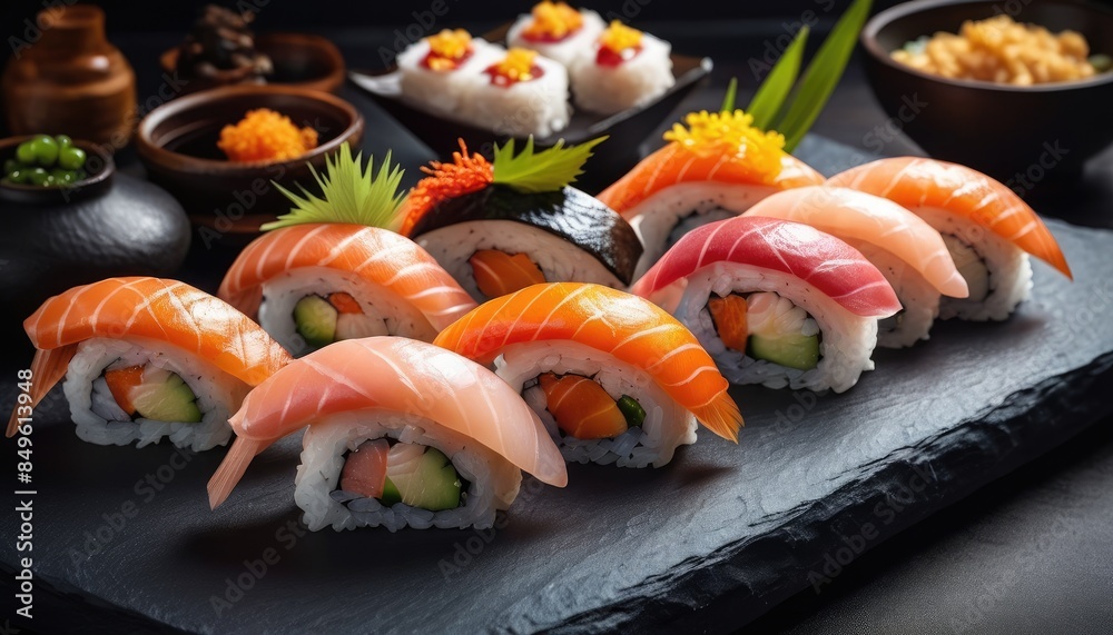 A visually stunning sushi spread with various rolls, including salmon and tuna, artfully presented on a black slate with a side of dipping sauce, perfect for sushi enthusiasts A visually stunning sushi spread with various rolls, including salmon and tuna, artfully presented on a black slate with a side of dipping sauce, perfect for sushi enthusiasts