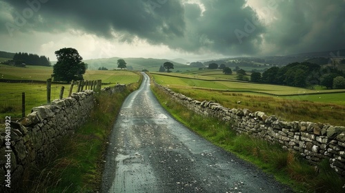 Country road bordered by old stone walls guiding to expansive fields beckoning adventure and immersion in nature s embrace photo