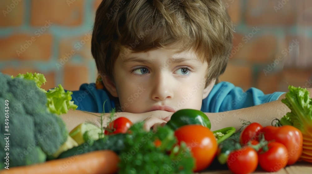 sad boy and bacon on a table full of vegetables sad boy and bacon on a table full of vegetables
