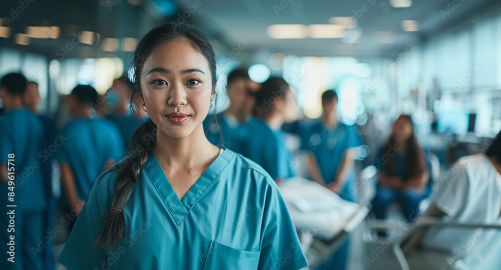 A young Asian student stands in a hospital wearing medical scrubs while her classmates are having a group discussion in the background. A young Asian student stands in a hospital wearing medical scrubs while her classmates are having a group discussion in the background.
