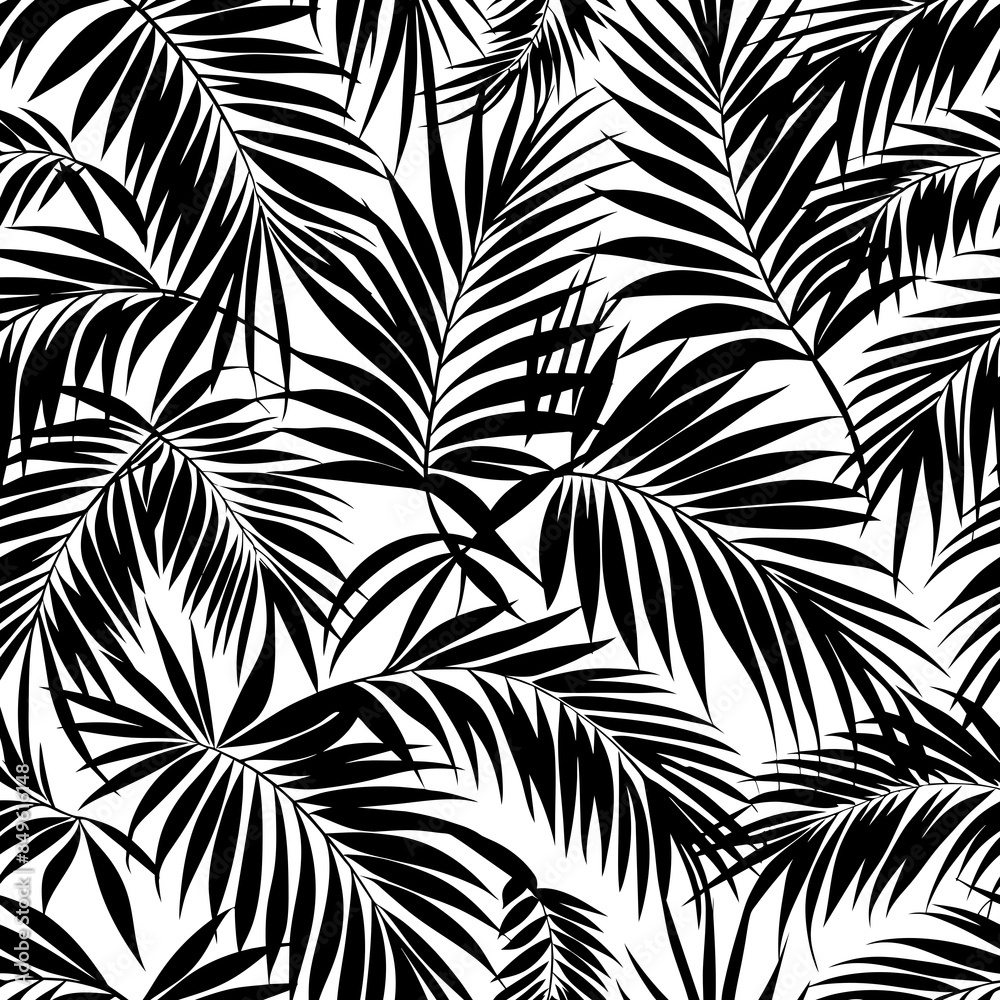 A monochrome design portrays a dense array of tropical palm leaves