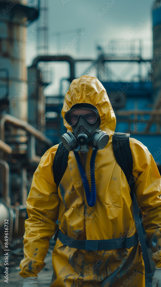 Scientist working in a place with radioactivity wearing a yellow protective suit