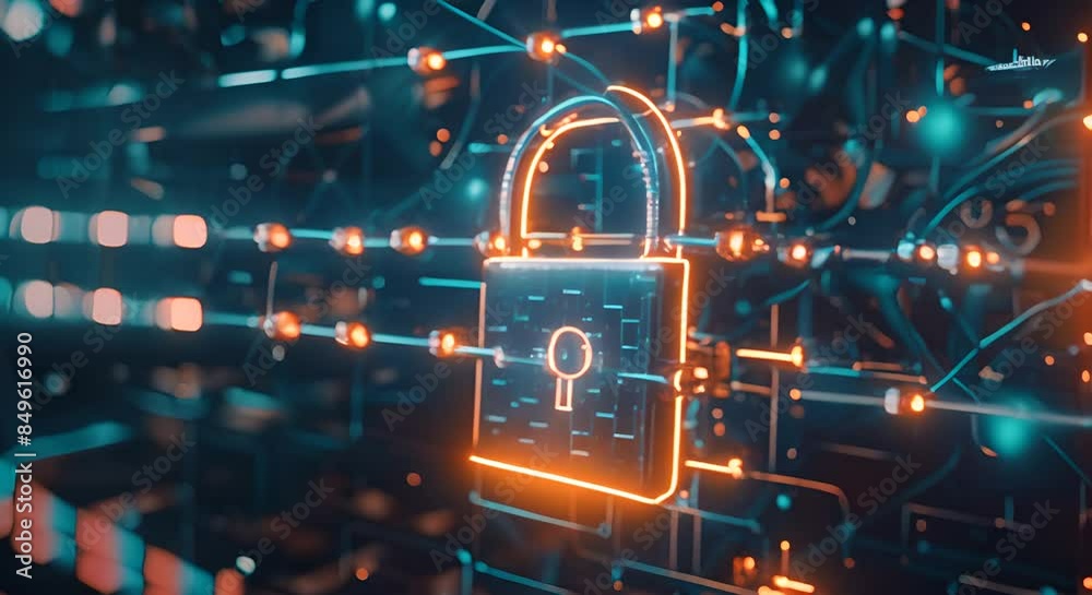 Glowing Digital Padlock on Network Background.
