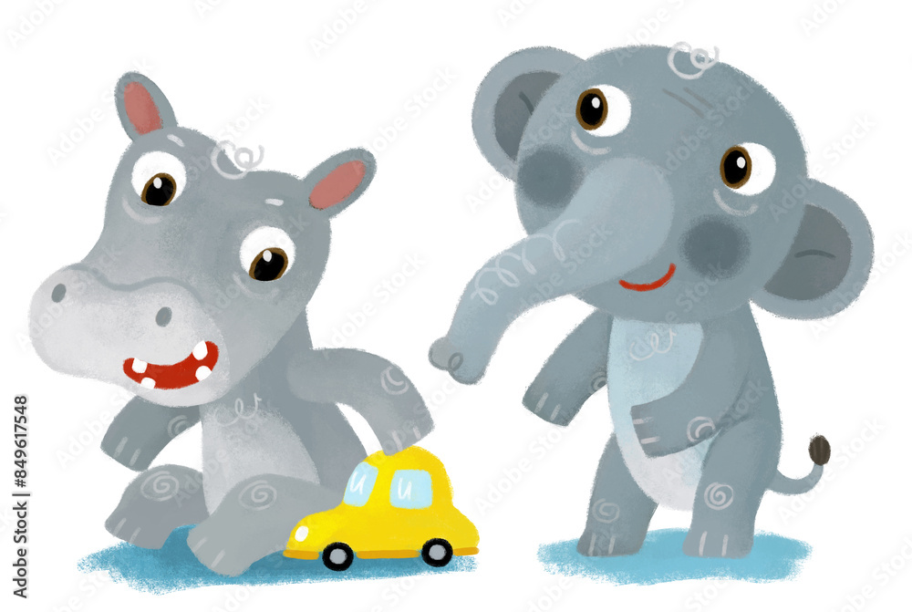 cartoon scene with happy little boy elephant having fun driving toy car with hippo hippopotamus friend on white background illustration for children cartoon scene with happy little boy elephant having fun driving toy car with hippo hippopotamus friend on white background illustration for children
