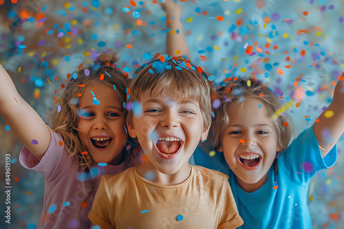 Happy children playing with confetti, capturing childhood innocence and joy, suitable for family, celebration, and happiness related content.