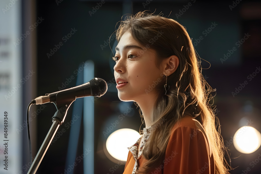 Young woman engaged in a heartfelt, first-time public speaking event, a candid coming of age moment filled with genuine emotion, graduation, event, generative ai