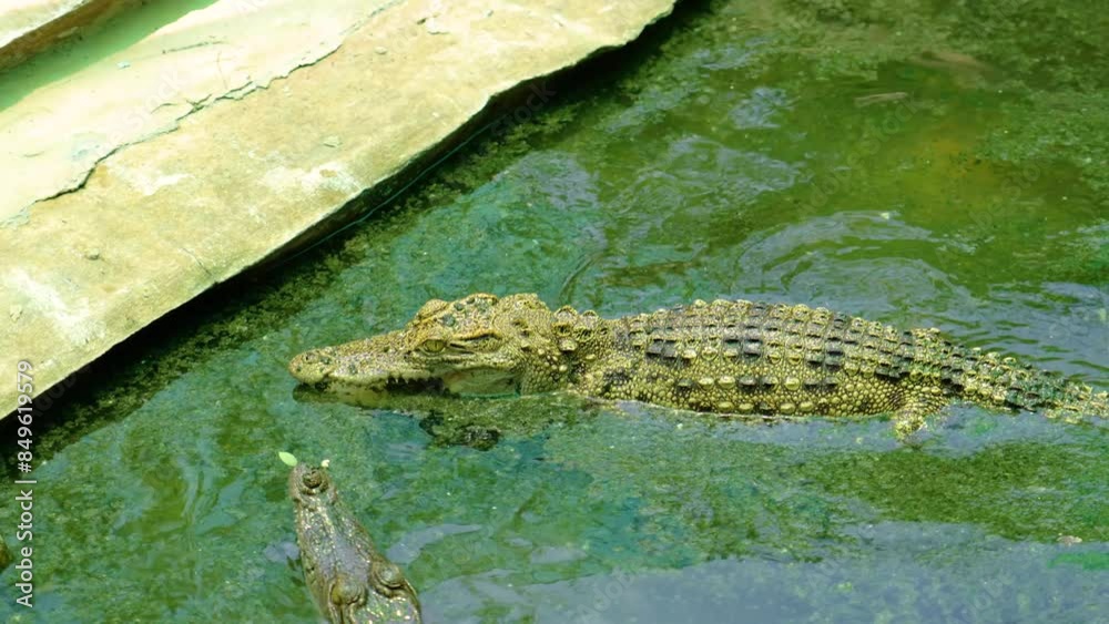 The head of a crocodile hidden in a swamp swim water of a river among the mud The head of a crocodile hidden in a swamp swim water of a river among the mud