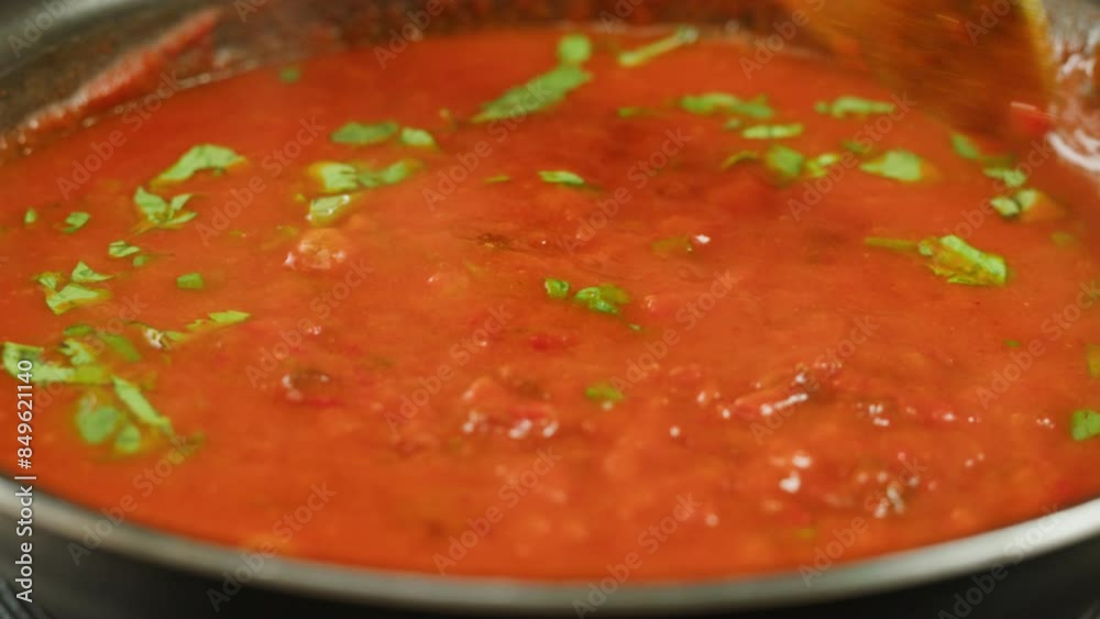 Chicken in tomato sauce is boiling on a frying pan with spices. Cooking tomato sauce curry with chicken fillet. Traditional Italian Mexican Asian dish. High quality studio shot for cafe, restaurant Chicken in tomato sauce is boiling on a frying pan with spices. Cooking tomato sauce curry with chicken fillet. Traditional Italian Mexican Asian dish. High quality studio shot for cafe, restaurant