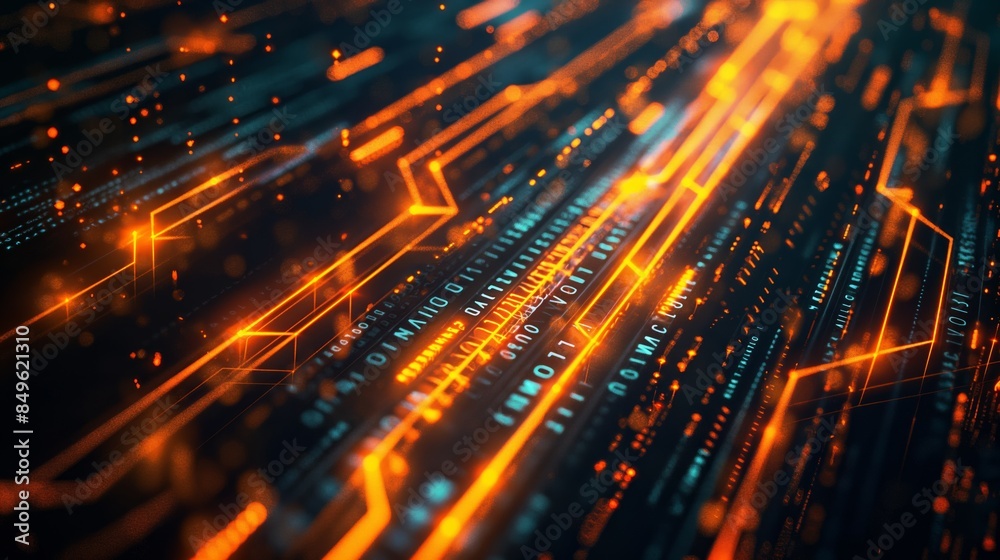 Fototapeta premium Digital circuit board with dynamic orange lines. Symbolizes high-tech, circuitry, and data processing, perfect for technology and innovation-related visuals.