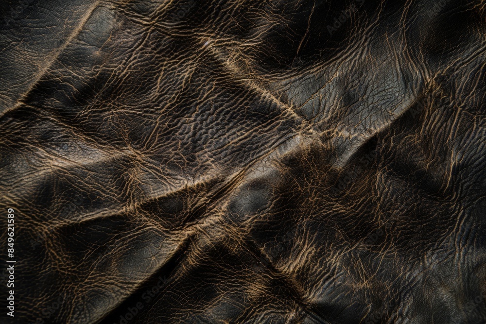 Dark brown leather is forming wrinkles and showing grain details, making an excellent background for a variety of projects Dark brown leather is forming wrinkles and showing grain details, making an excellent background for a variety of projects