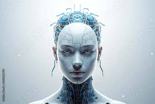 Portrait of female robot, android face, Artificial intelligence concept. Concept of computer science. Grey background