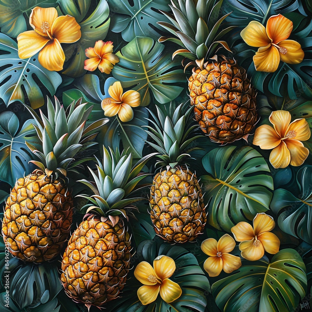 Tropical pineapples and flowers for a vibrant background. Tropical pineapples and flowers for a vibrant background.