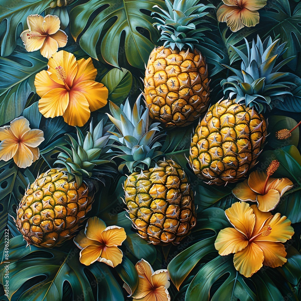Pineapple pattern with tropical hibiscus and leaves. Pineapple pattern with tropical hibiscus and leaves.