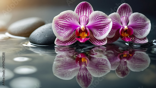 Beautiful orchid flower, stones, water reflection
