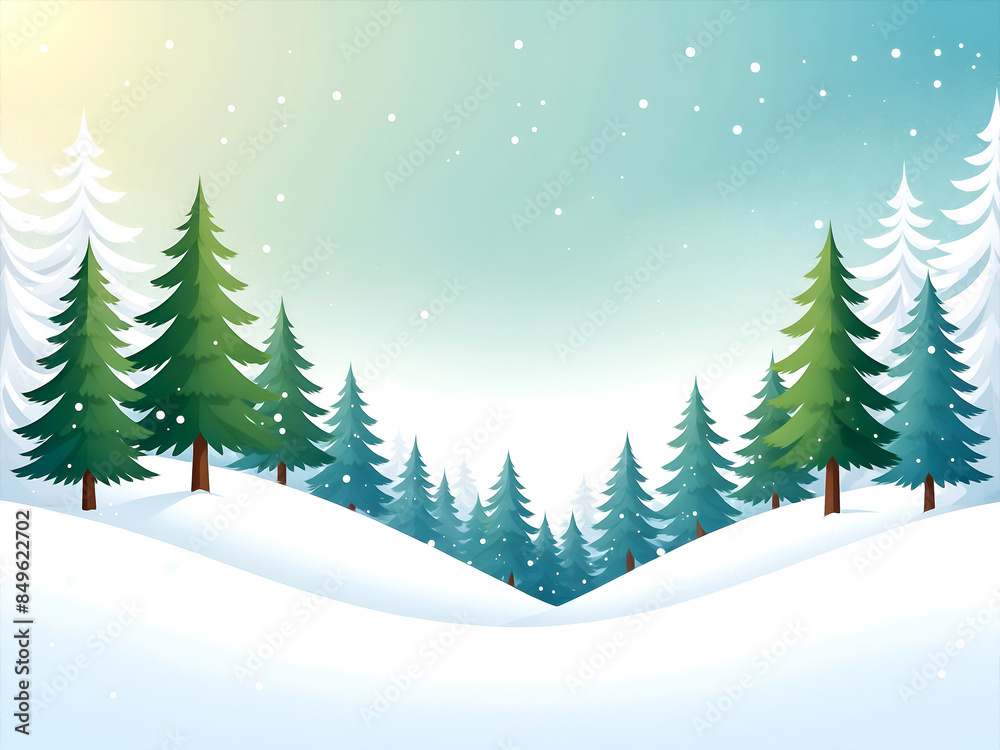 Fototapeta premium Christmas background with snow and pine trees, blue sky
