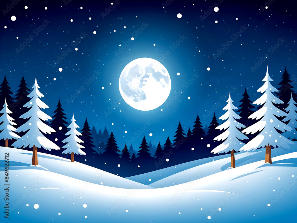 Naklejka premium Christmas night background with a full moon and snow