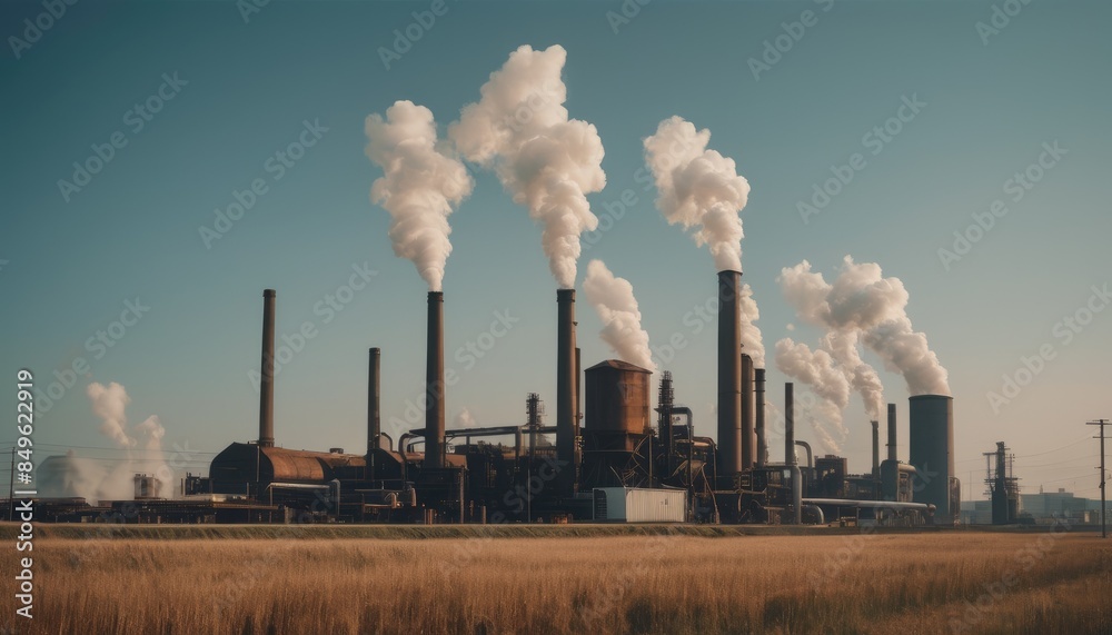 A large factory complex with smoke billowing from tall chimneys, highlighting the environmental effects of industrial activity and air pollution