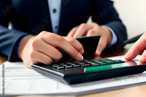 close up hands of accountant calculating tax refund using calculator © Matan
