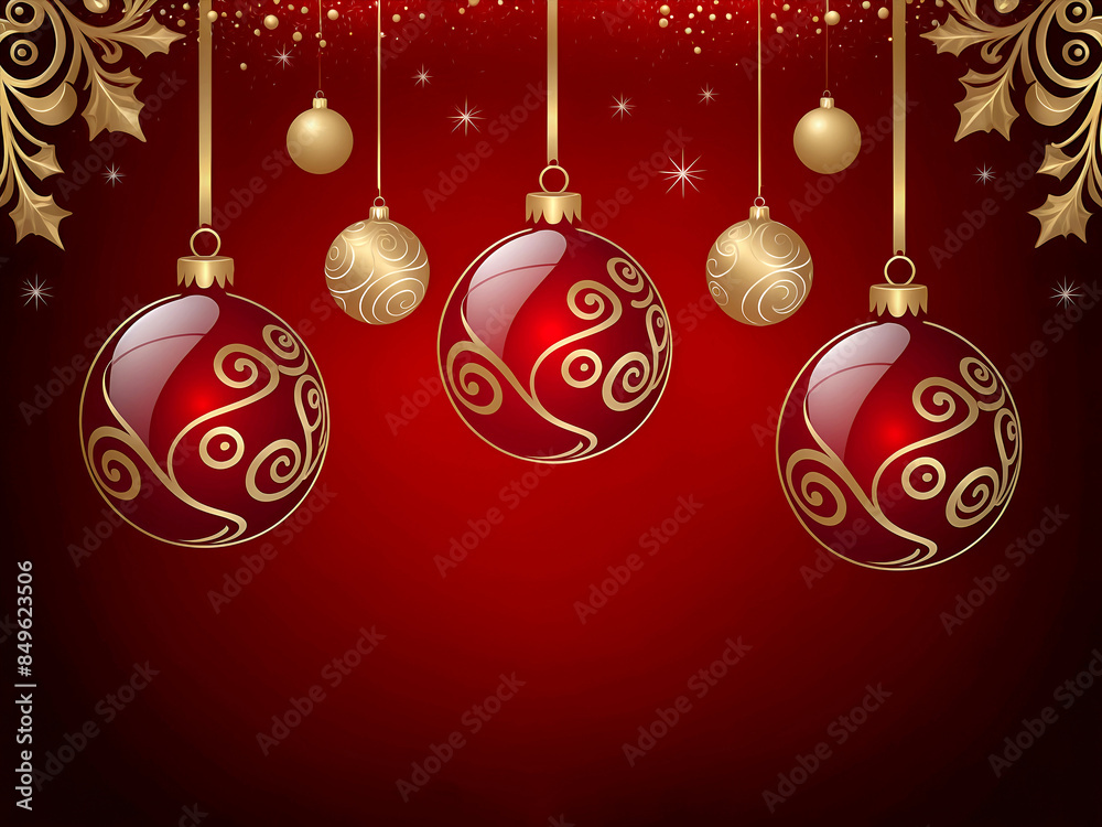 elegant Christmas balls hanging from the top of the card with golden swirls elegant Christmas balls hanging from the top of the card with golden swirls