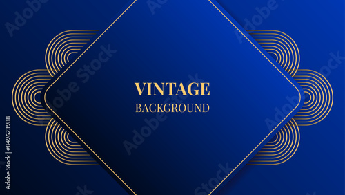 Dark blue gradient abstract background with gold rounded lines and shadows. Modern geometric pattern. Shiny poster or web banner template. Blended lines	
