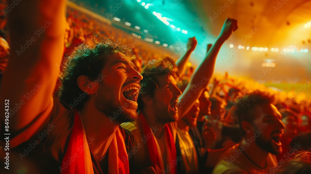 Excited men, fans with german flags around neck cheering in stadium. European football Championship 2024. Generative AI Excited men, fans with german flags around neck cheering in stadium. European football Championship 2024. Generative AI