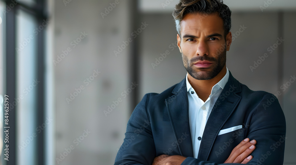 A multiracial man wearing a suit stands with his arms crossed, exuding confidence and professionalism A multiracial man wearing a suit stands with his arms crossed, exuding confidence and professionalism