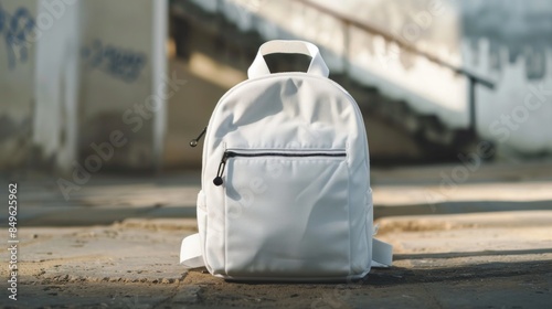 Backpack of white color with black straps outdoors. Back to school.