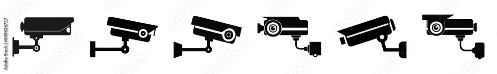 Set of black silhouettes of security cameras, isolated on a white background. Simple graphic design of surveillance equipment. Suitable for prints, logos, signs, and design elements Set of black silhouettes of security cameras, isolated on a white background. Simple graphic design of surveillance equipment. Suitable for prints, logos, signs, and design elements