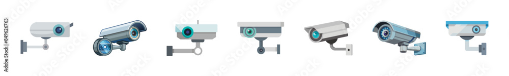 Set of Security cameras isolated on white background. Graphic illustration. Surveillance equipment. Concept of modern security technology, monitoring, protection. Print, logo, sign, design elements Set of Security cameras isolated on white background. Graphic illustration. Surveillance equipment. Concept of modern security technology, monitoring, protection. Print, logo, sign, design elements