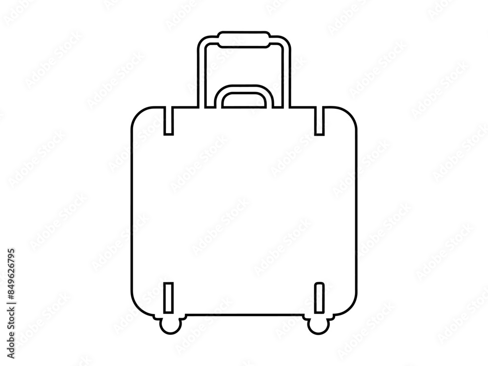 Black outline of rolling suitcase, isolated on a white background. Wheeled luggage bag. Concept of travel, tourism, vacation, business trips, and luggage portability. Print, design element Black outline of rolling suitcase, isolated on a white background. Wheeled luggage bag. Concept of travel, tourism, vacation, business trips, and luggage portability. Print, design element