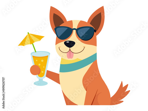 Smiling funny dog in sunglasses with tropical cocktail. Puppy with fruit soft drink. Concept of summer fun, leisure, vacation vibes. Isolated on white background. Print. Design element