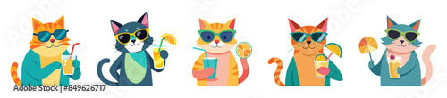 Set of funny cats in sunglasses enjoying fruit cocktails, isolated on white background. Smiling felines with soft drinks. Concept of summer vibes, exotic beverages, vacation. Prints, design elements
