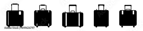 Set of black silhouettes of rolling suitcases, isolated on white background. Wheeled luggage bags. Concept of travel, tourism, vacation, business trips, luggage portability. Print, design elements