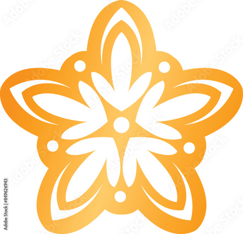 Ornamental, flowershaped, orange decorative pattern, abstract floral icon, symmetrical, intricate petal design, traditional aesthetic, art, blooming theme, vibrant style fivepointed petal contour photo