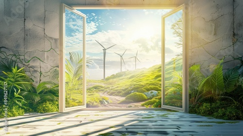 View from inside a house, through an open door to the street with wind turbines and the sea in the background, bright daylight on a sunny day, bright colors, greenery, lush nature, blue sky