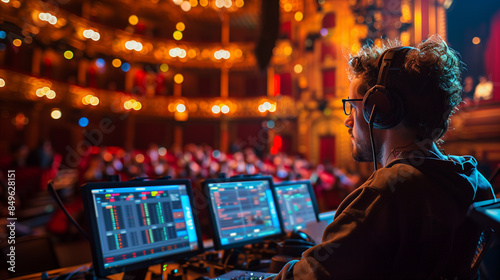 Sound engineer at work in a beautifully lit theater, adjusting audio equipment for an upcoming performance. Captures the essence of backstage preparations in a classic theater setting.