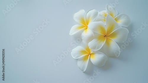 White and yellow frangipani flowers on the right, against a blank light gray background. The flowers have large petals with light edges and small stamens visible in their centers. © Светлана Канунникова