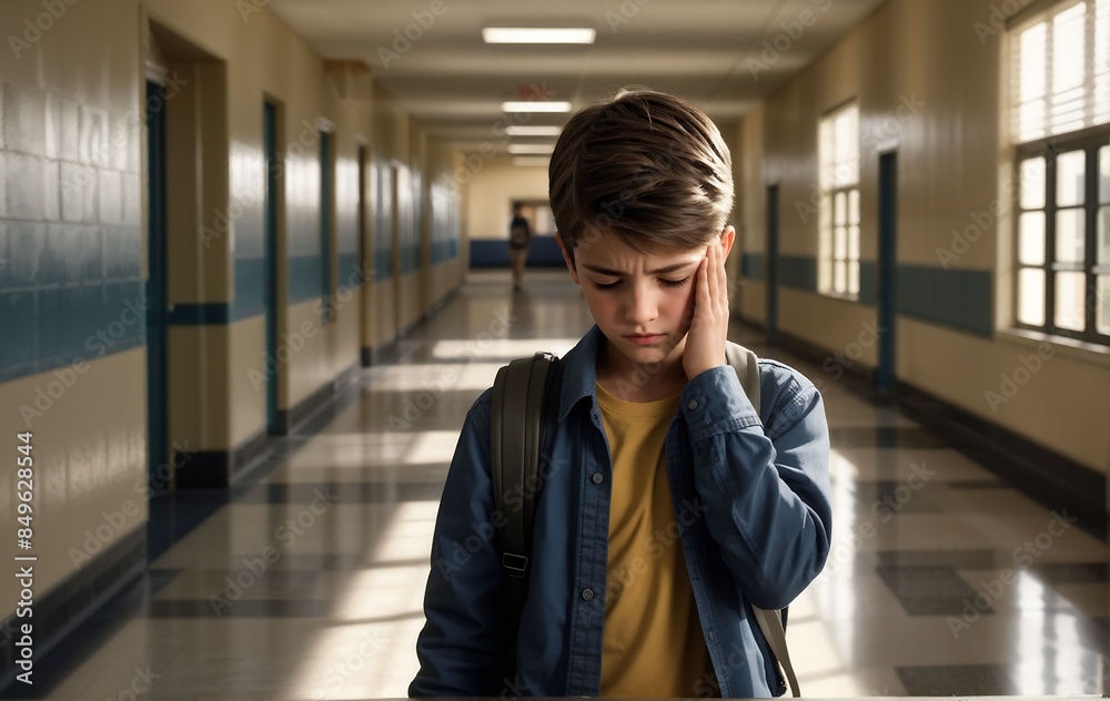 Depressed sad teenage boy in school