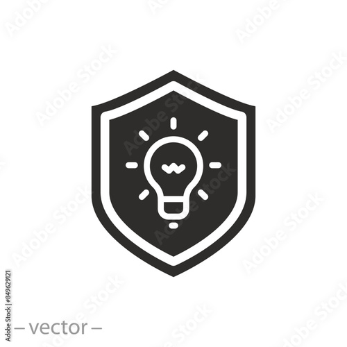 shield with lightbulb icon, copyright protection, intellectual property security, defence authorship, flat symbol on white background - vector illustration eps10