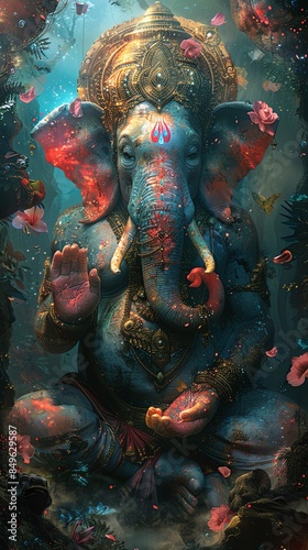 Ganesh surrounded by holographic elephant trunks in a surreal jungle of infinite possibilities